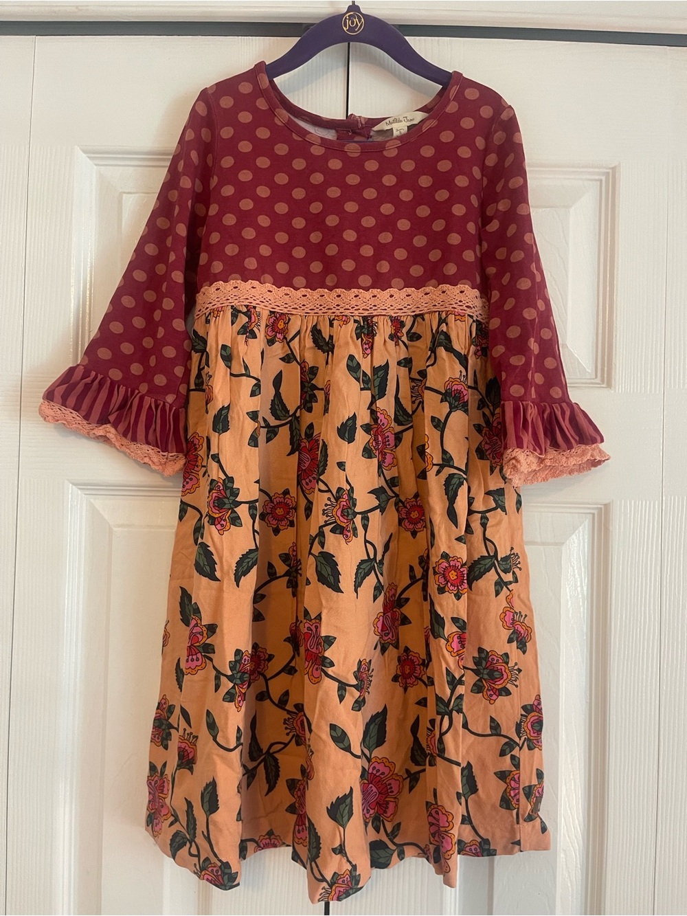 Matilda Jane Peach Floral Dress with Burgundy Polka Dot Bodice